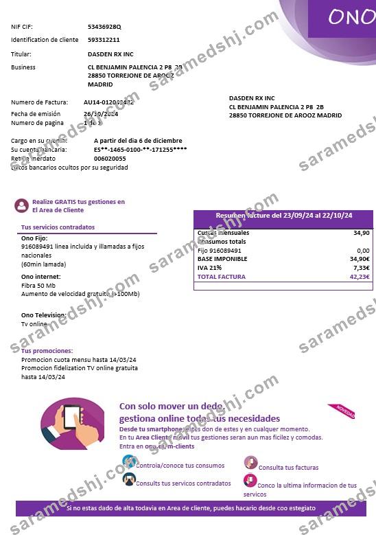 Spain ONO easy fillable business utility bill template in Word and PDF formats